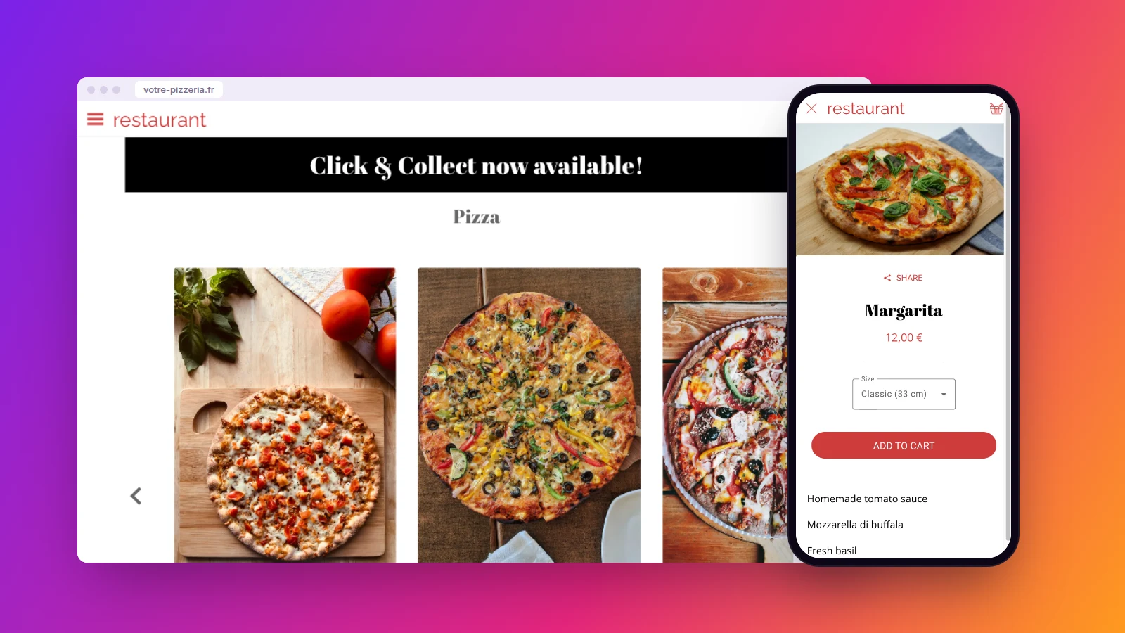 La démo d’application de pizzeria Maymoune sur ordinateur avec le bandeau de vente à emporter, et sur téléphone la fiche d’une Margarita