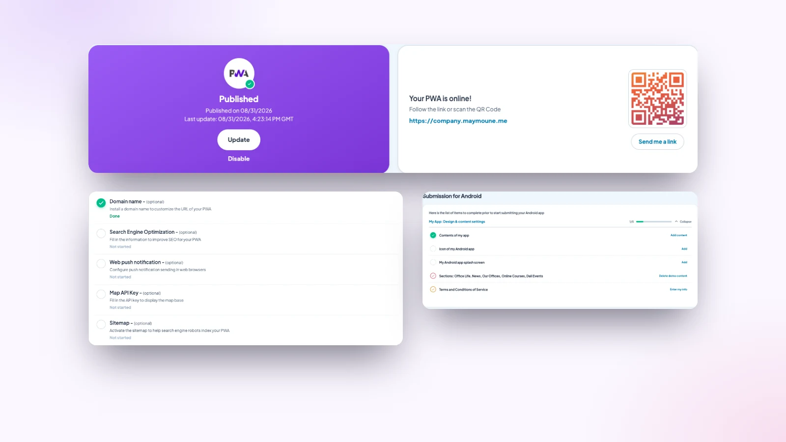 Back-office Maymoune : l’application web publiée avec son lien et son QR code, la liste des réglages conseillés, et la liste des éléments à préparer avant la publication Android