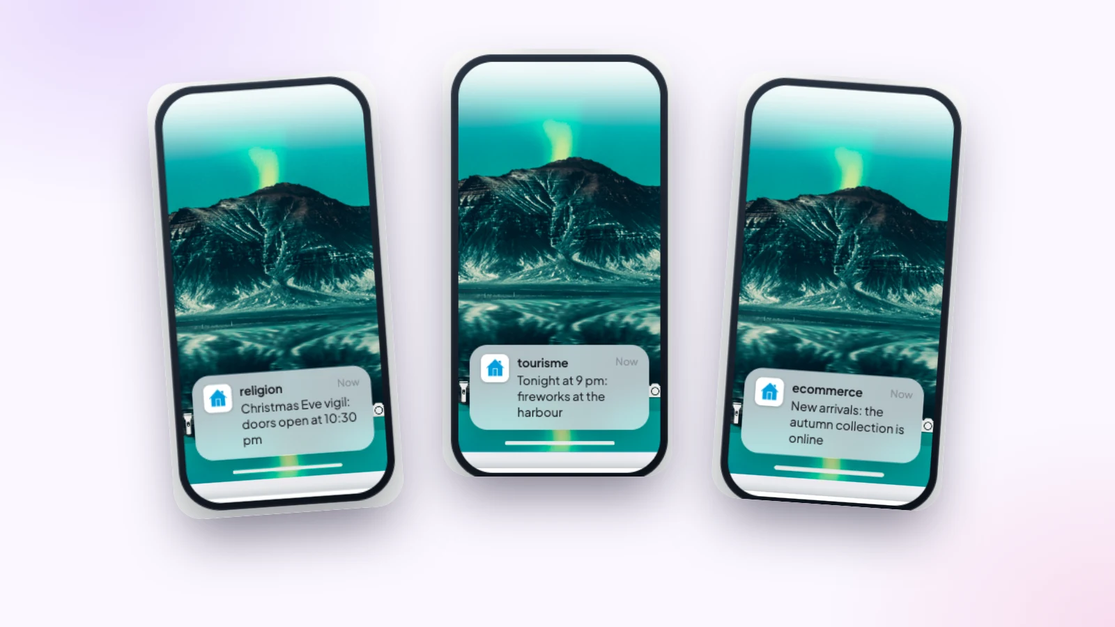 Three push notifications on a phone, in three Maymoune demos: a church, a tourist office and a shop