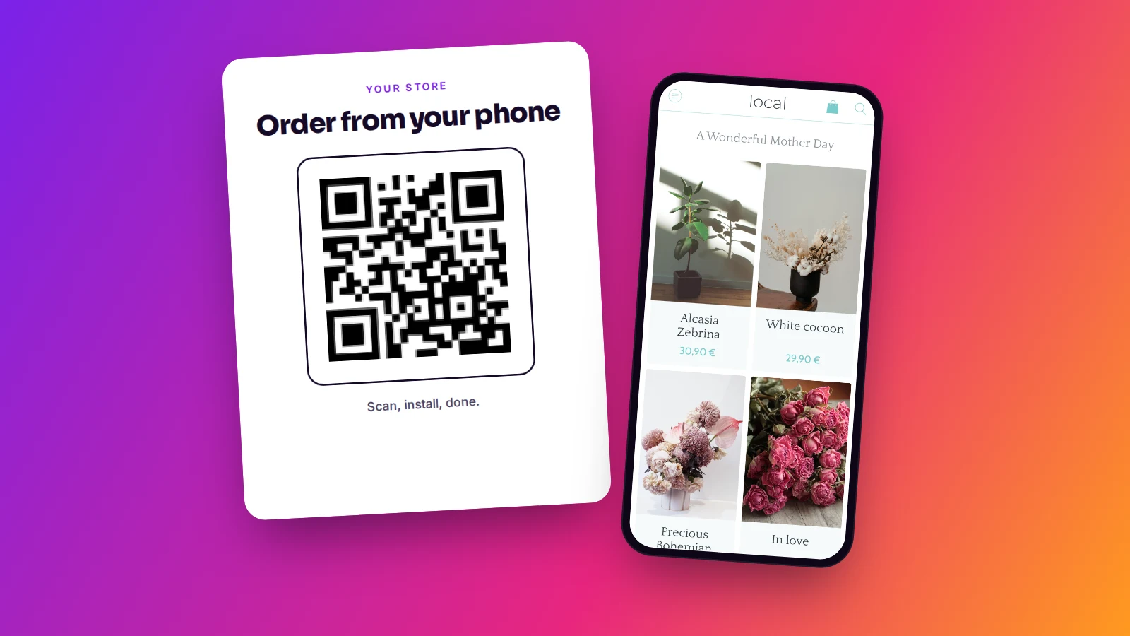 Example of a counter sign with the QR code of a Maymoune app and the line Order from your phone, next to the app open on a phone