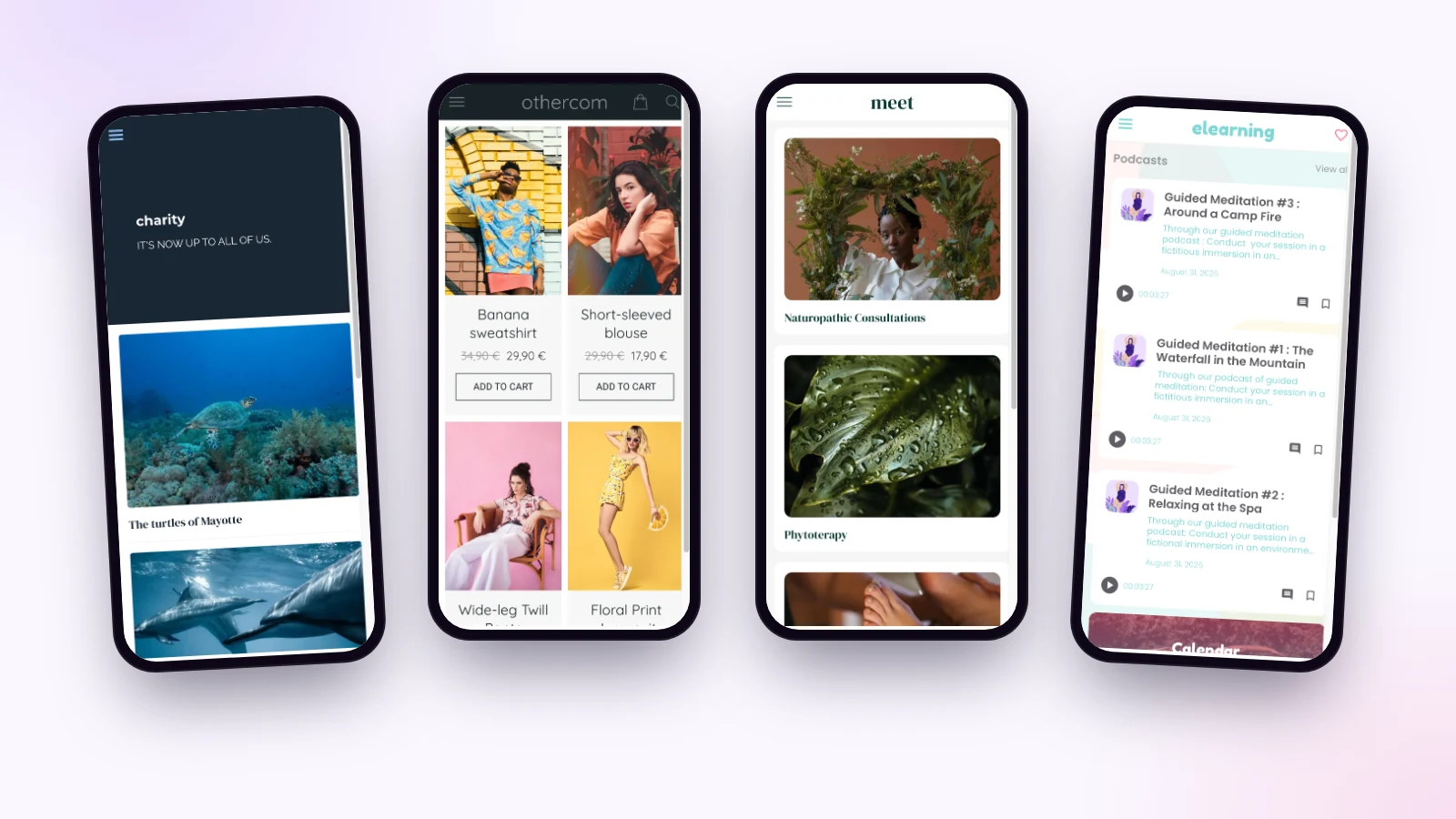 Quatre applications Maymoune de métiers différents : une association, une boutique de vêtements, un cabinet de naturopathe et un studio de méditation