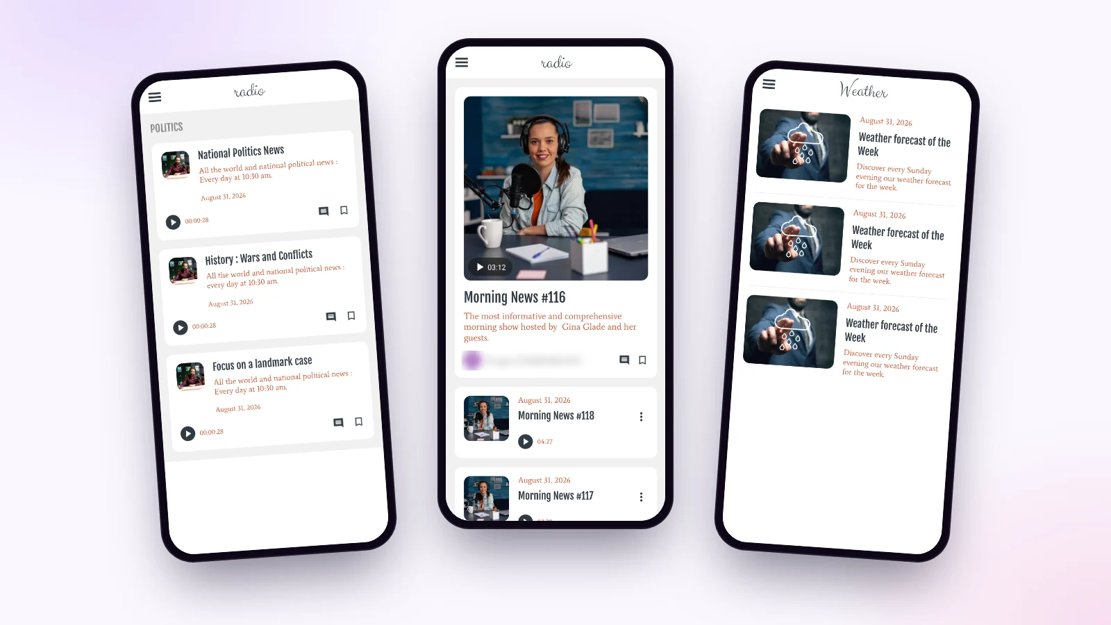 Trois écrans de la démo d’application de radio Maymoune : une émission et ses épisodes, l’accueil avec le journal du matin et la rubrique météo