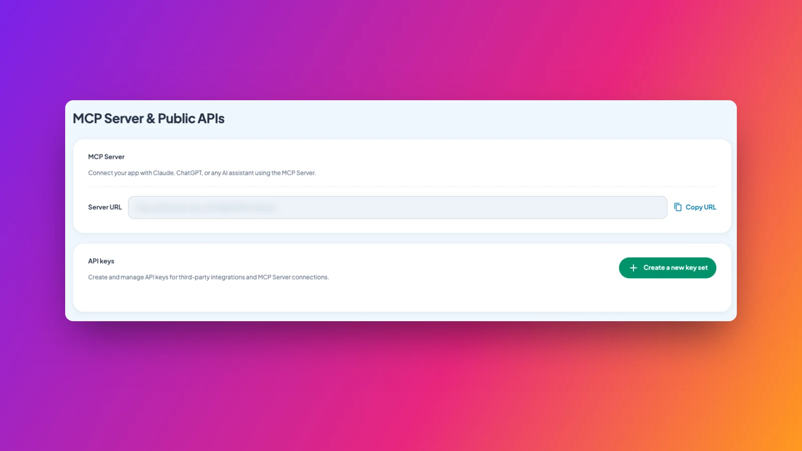Page du back-office Maymoune pour relier l’application à Claude, ChatGPT ou un autre assistant IA, avec l’adresse du serveur MCP et la création des clés d’accès
