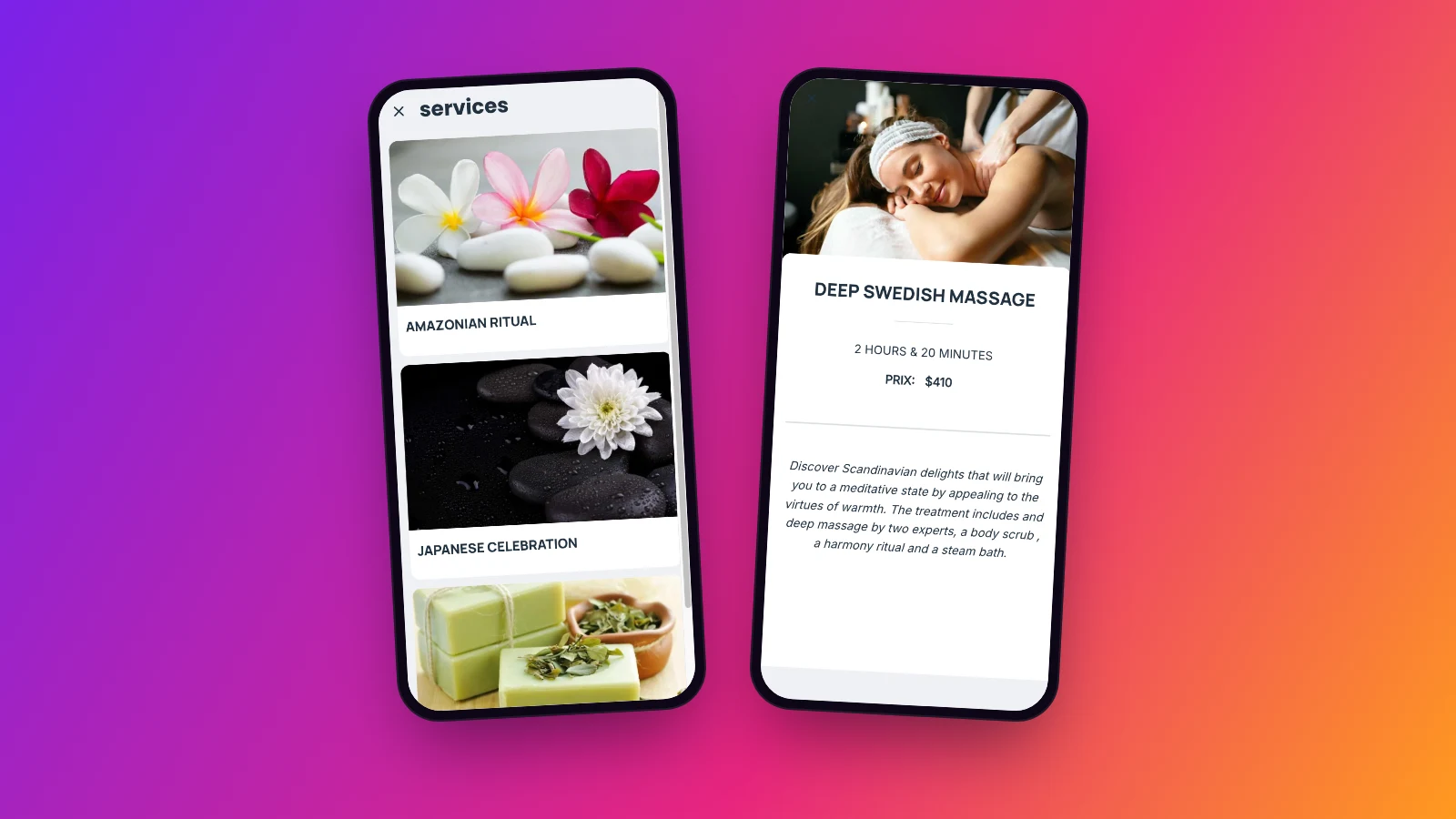 Deux écrans de la démo de spa Maymoune : la liste des rituels avec leurs photos, et la fiche d’un massage suédois avec sa durée et son prix