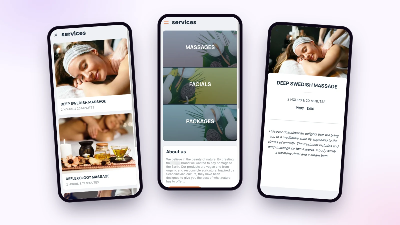 Trois écrans de la démo d’application de spa Maymoune : la liste des massages avec leur durée, l’accueil avec les massages, les soins du visage et les formules, et la fiche d’un massage avec son prix