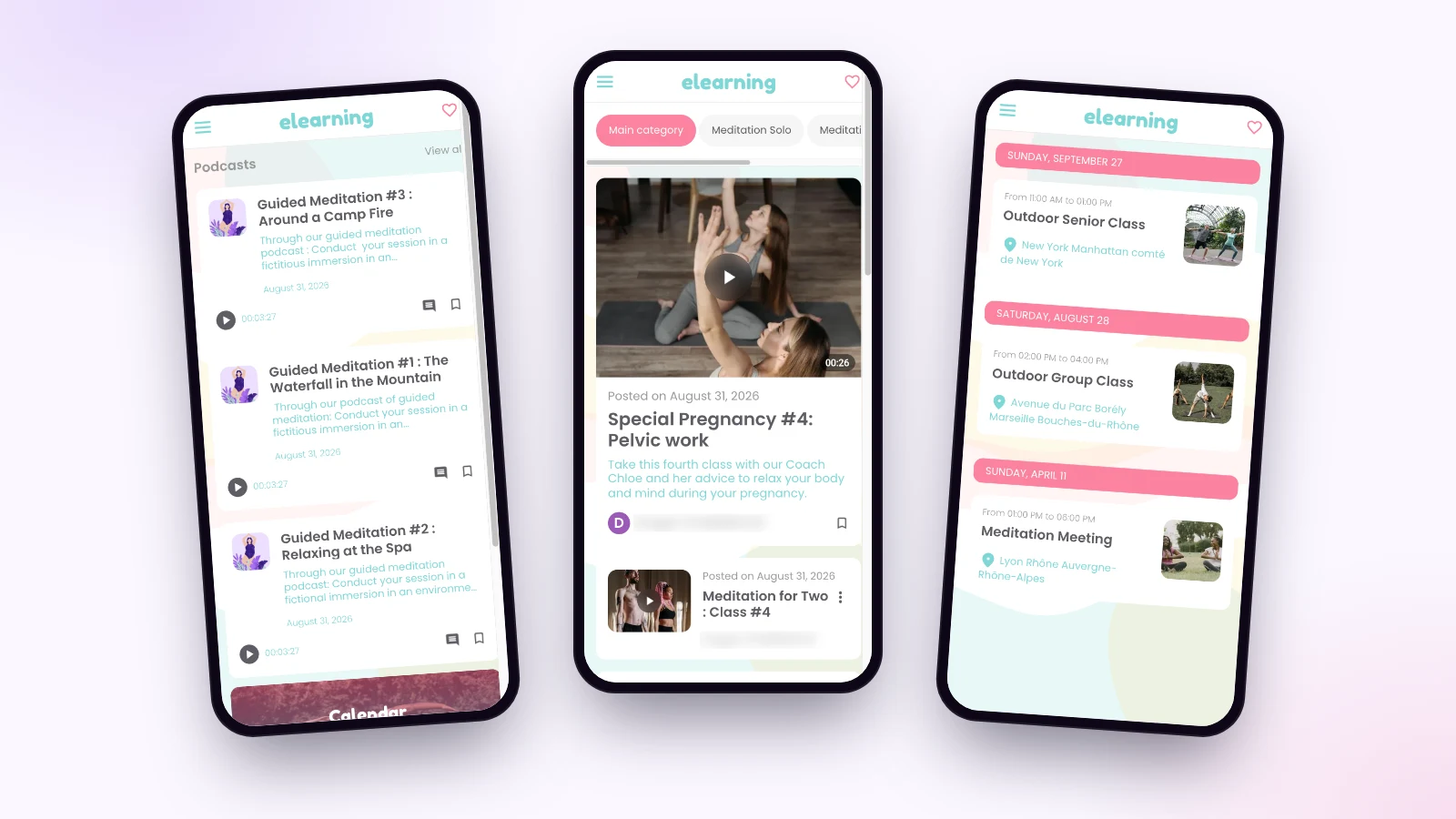 Trois écrans de la démo d’application de studio de yoga Maymoune : les méditations guidées en audio, les cours en vidéo classés par thème et le planning des ateliers