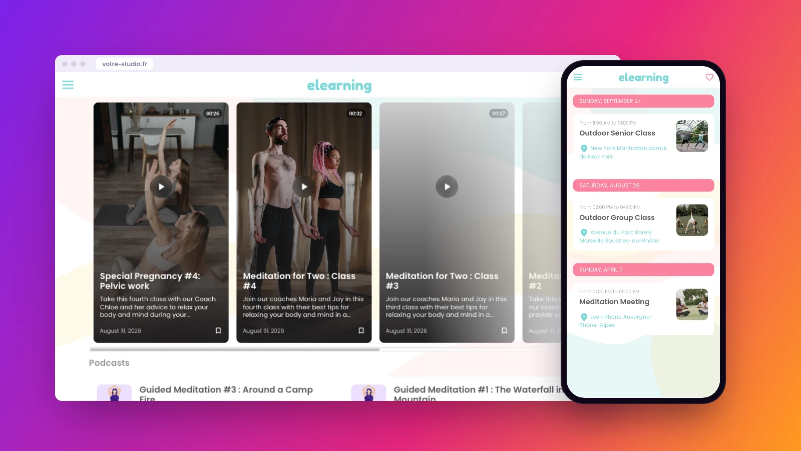 La démo d’application de studio de yoga Maymoune sur ordinateur avec les cours en vidéo, et sur téléphone le planning des ateliers