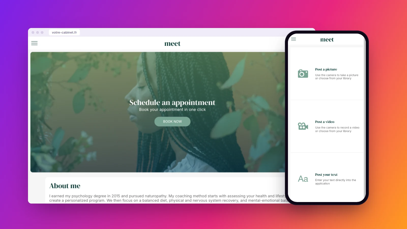 La démo d’application de cabinet Maymoune sur ordinateur avec le bouton de prise de rendez-vous, et sur téléphone la page pour envoyer une photo, une vidéo ou un texte