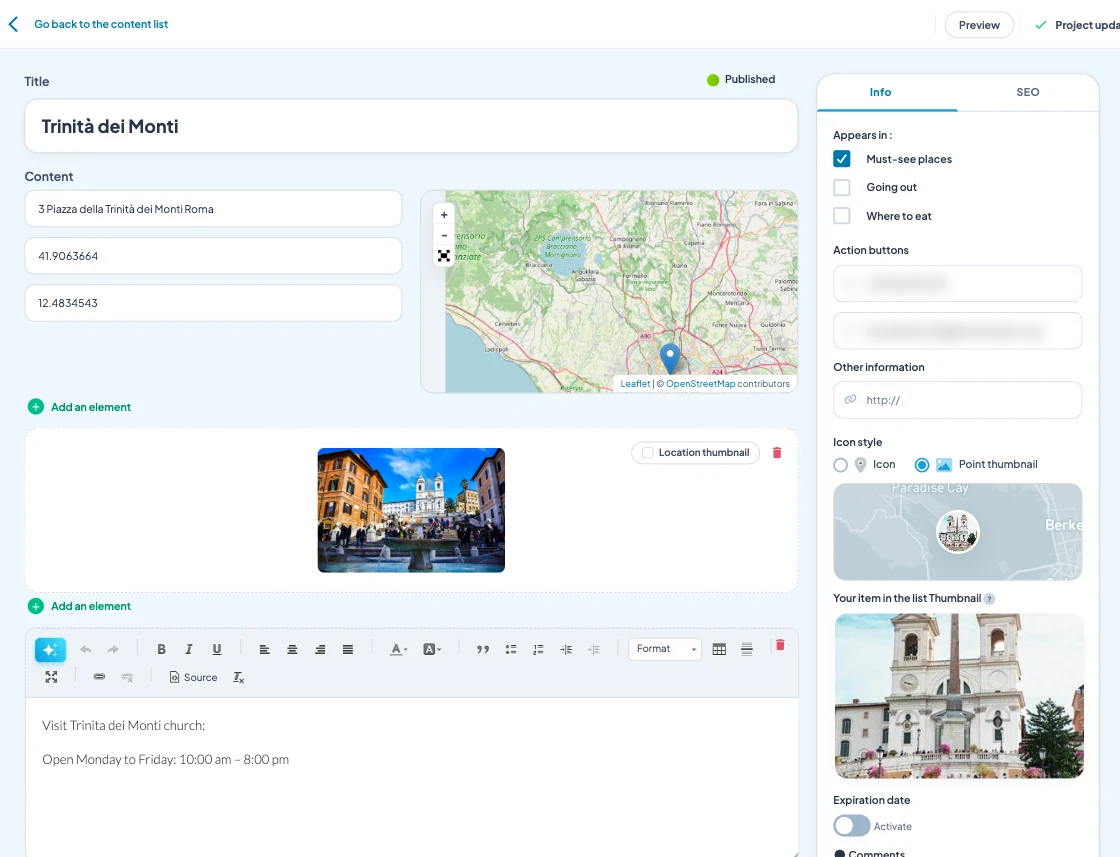Maymoune back office: editing a place with its address, coordinates, pin on the map and photos