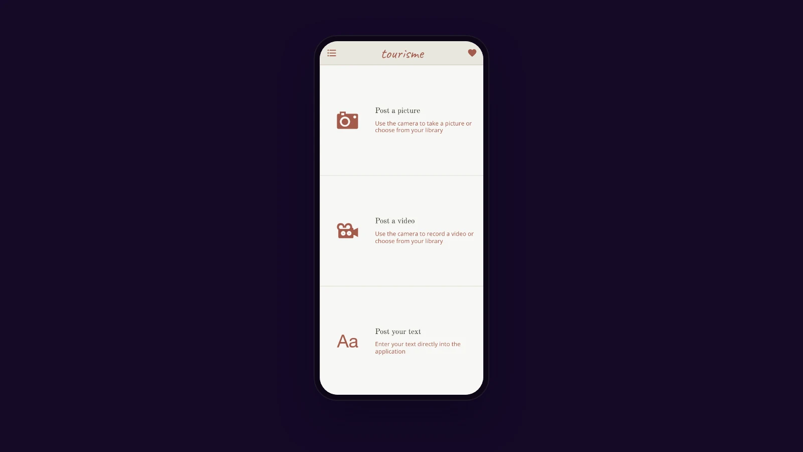 Écran de contributions de la démo d’application touristique Maymoune : envoyer une photo, une vidéo ou un texte
