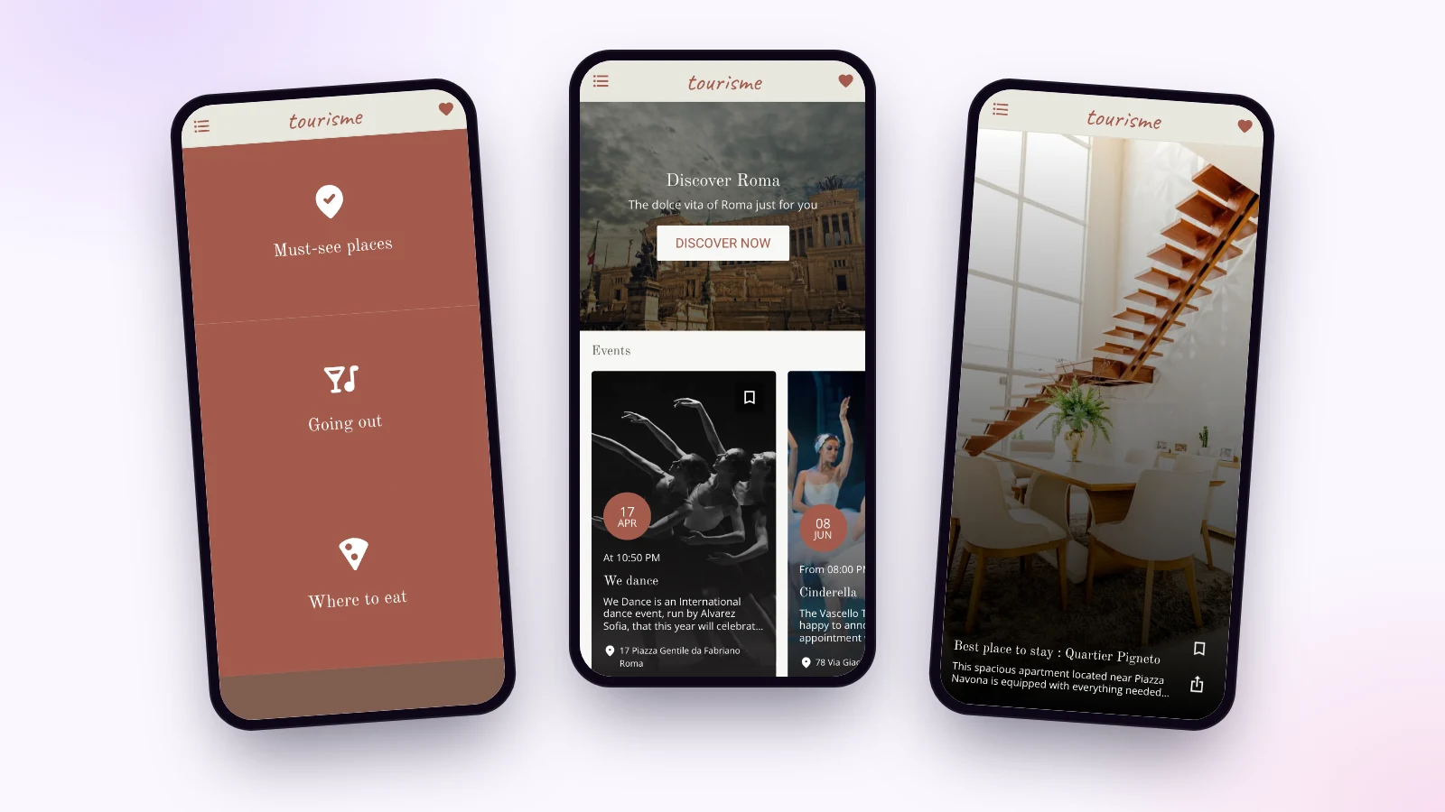Trois écrans de la démo d’application touristique Maymoune : les rubriques à explorer, l’accueil avec l’agenda et un bon plan d’hébergement