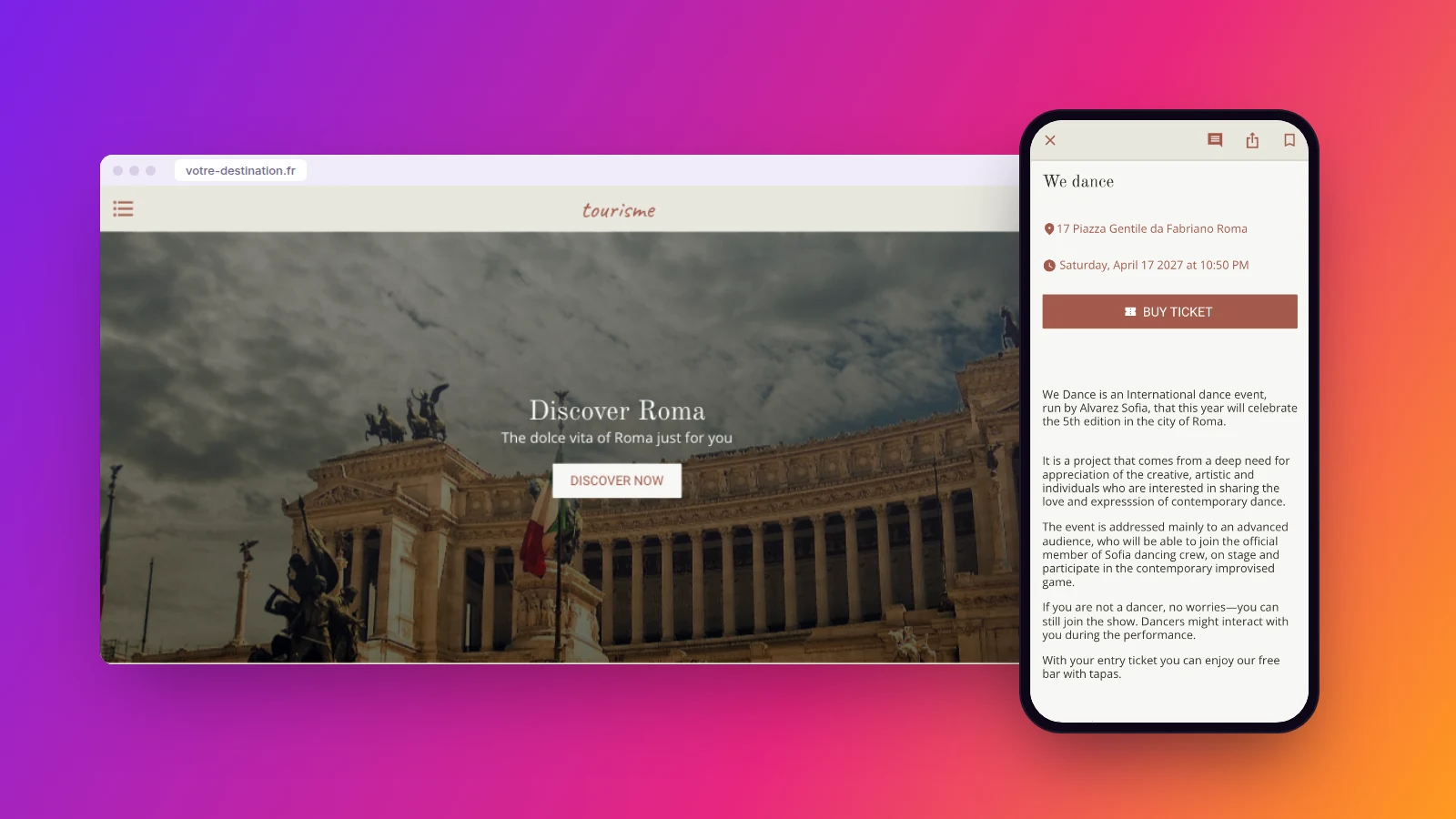 La démo d’application touristique Maymoune sur ordinateur, avec sur téléphone la fiche d’un événement et son bouton de billetterie