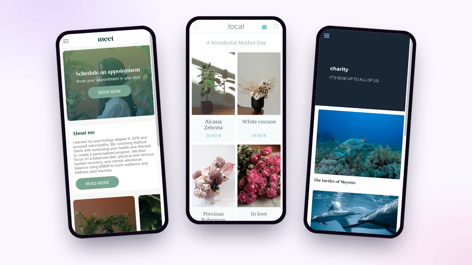 Trois démos d’applications Maymoune aux styles différents : un cabinet de naturopathe en vert, une boutique de fleuriste claire et une association de protection de l’océan en bleu nuit