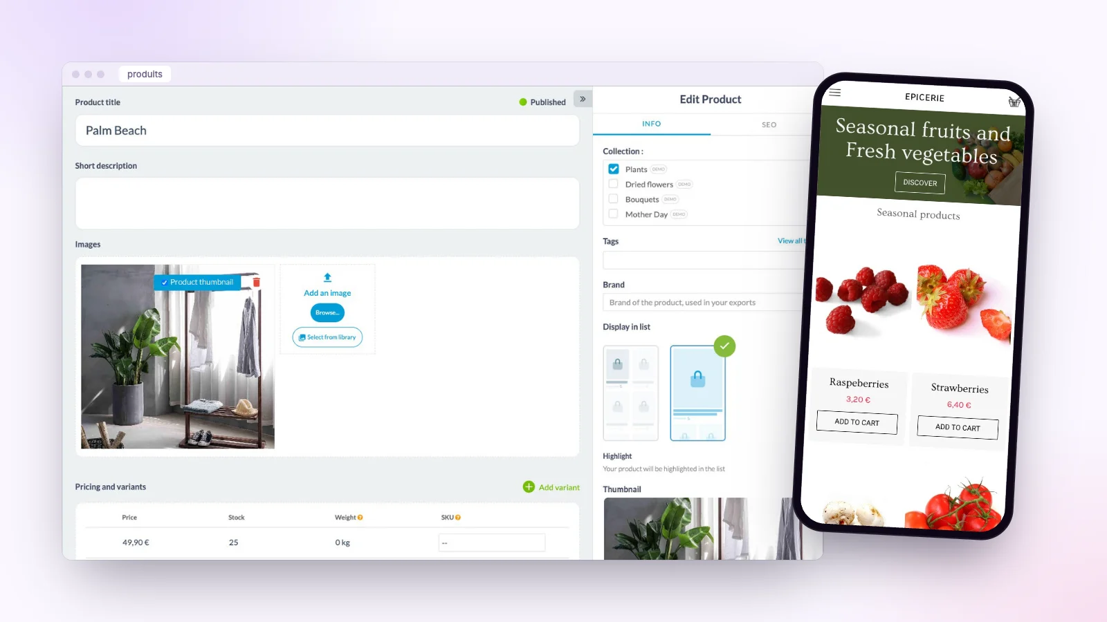 La fiche produit dans le back-office Maymoune : images, prix, variantes et stock