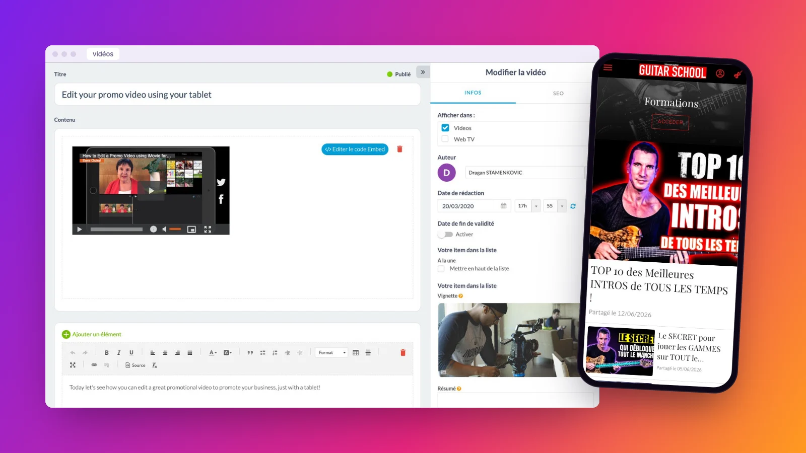 Publier une vidéo dans le back-office Maymoune : le lien, la vignette et le résumé