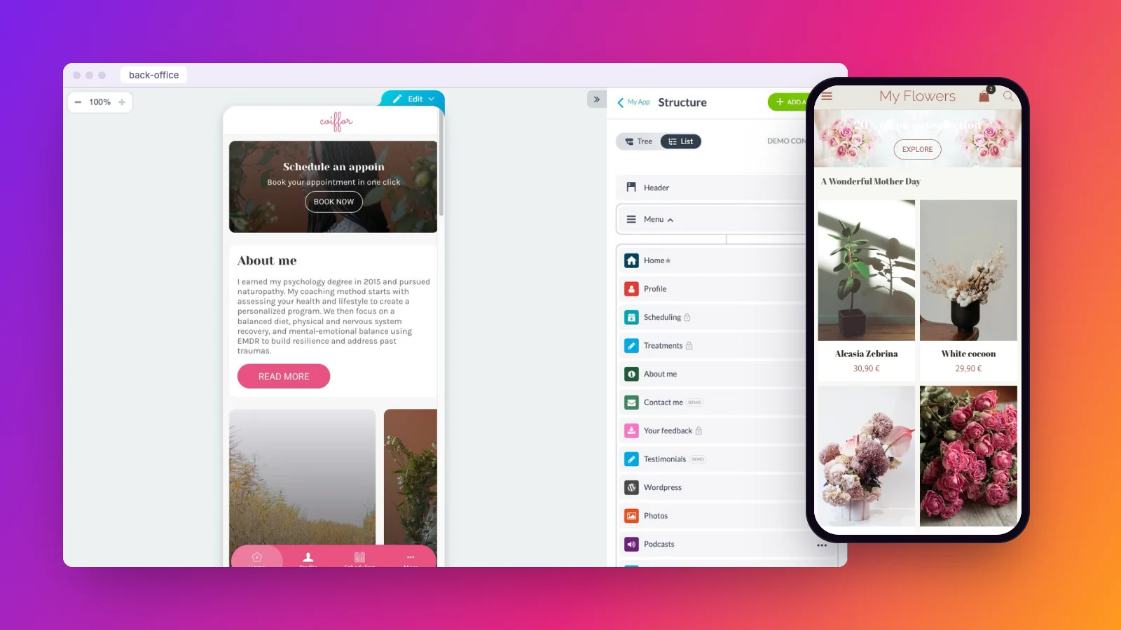 Le back-office Maymoune : la structure de l’application et l’aperçu en direct dans le téléphone