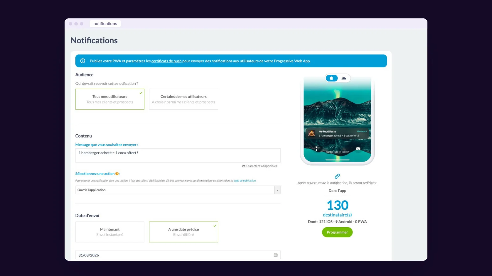 Programmer une notification dans le back-office Maymoune : le message, l’action à l’ouverture, la date d’envoi et le nombre de destinataires